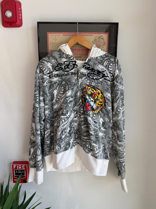 VINTAGE 2000S ED HARDY AOP ZIP UP HOODIE