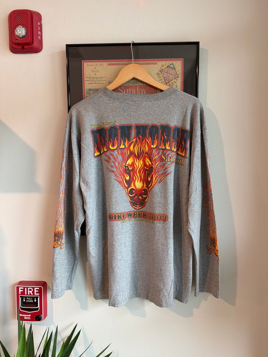 VINTAGE 2003 IRON HORSE SALOON LONG SLEEVE FLAME HENLEY