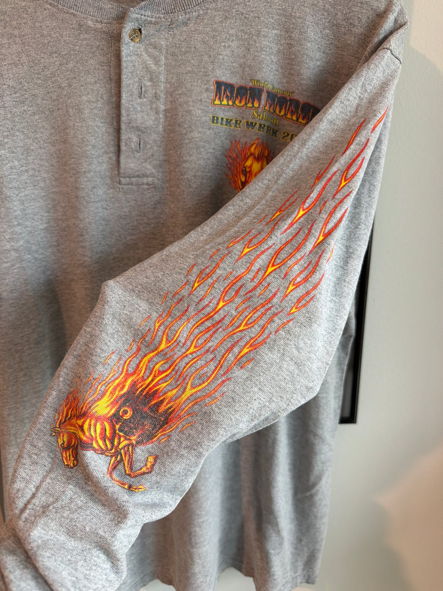 VINTAGE 2003 IRON HORSE SALOON LONG SLEEVE FLAME HENLEY
