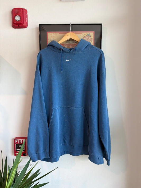VINTAGE DISTRESSED 1990S NIKE BLUE CENTER SWOOSH HOODIE
